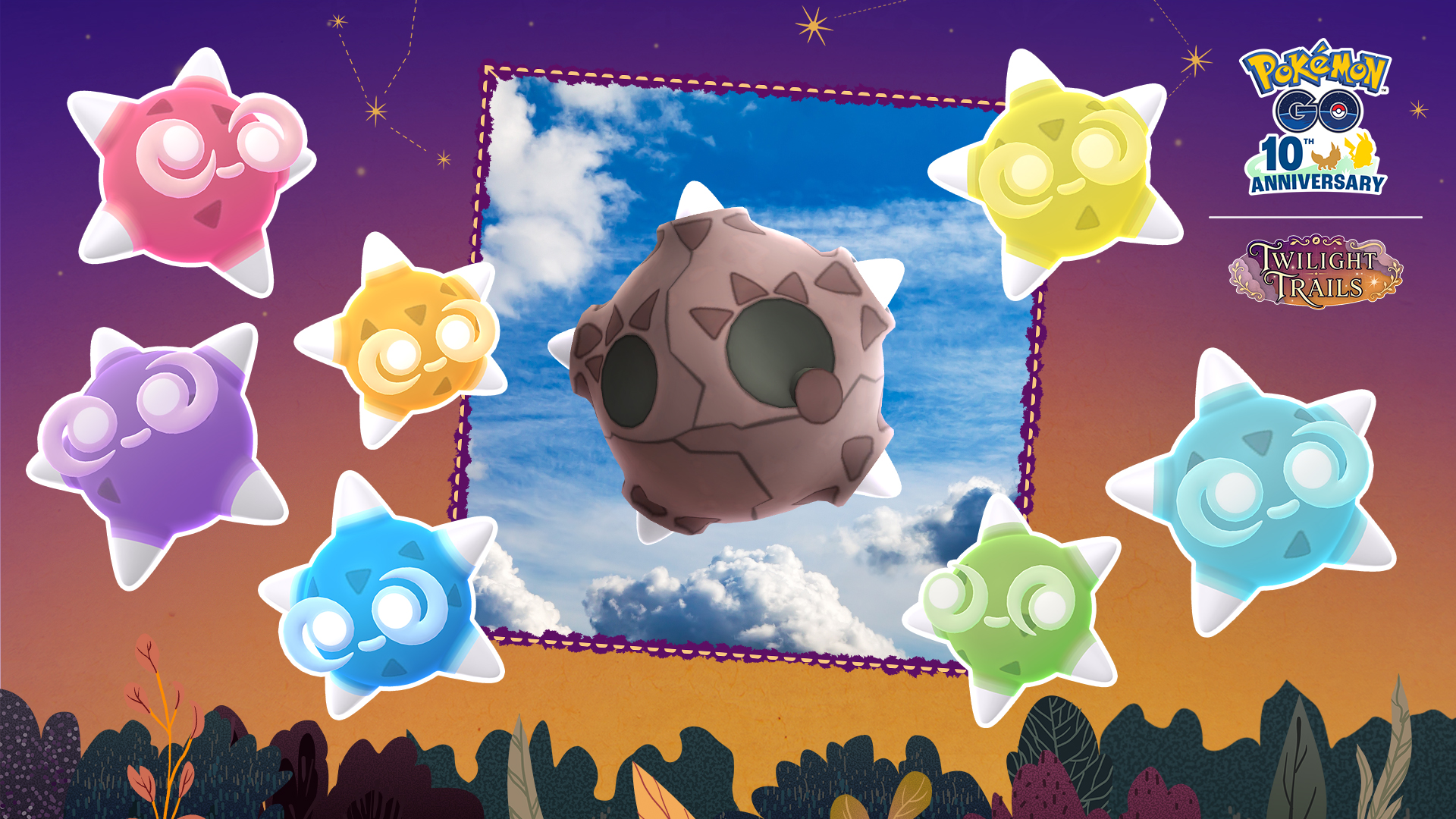Official Minior Showers event artwork showing Meteor Form surrounded by seven colored cores