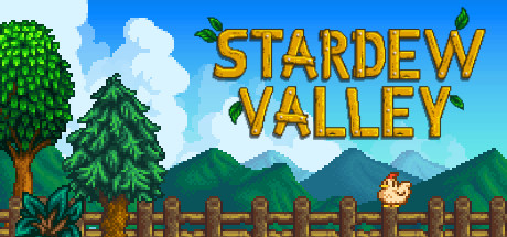 Stardew Valley title artwork over a pixel-art landscape