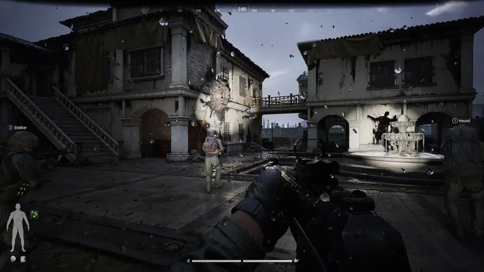 A first-person weapon view across a stone courtyard in Arena Breakout: Infinite.