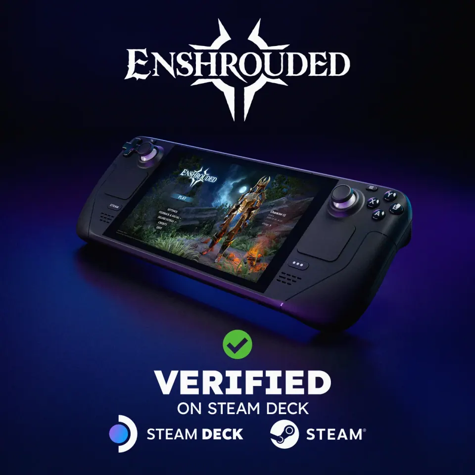 Official Enshrouded artwork showing a Steam Deck and the green Verified badge.