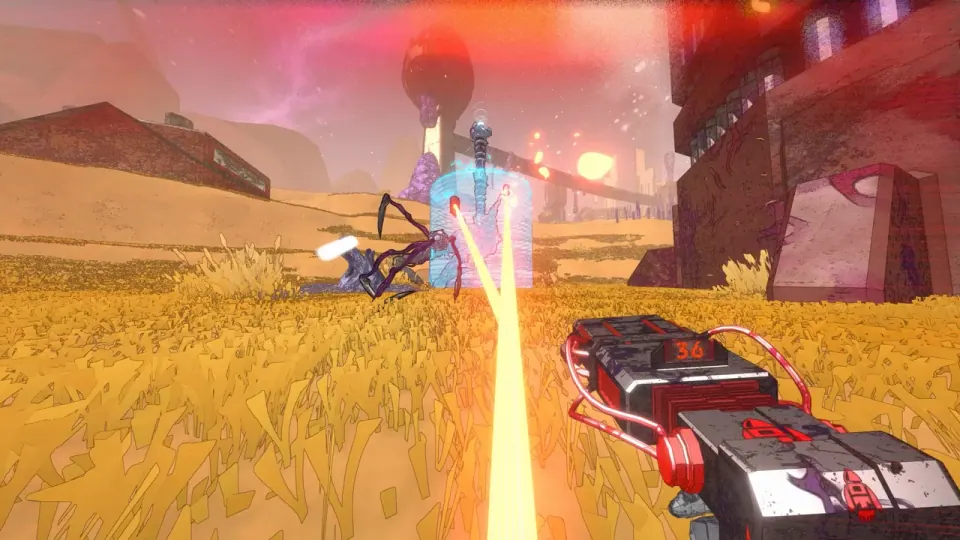 A first-person weapon fires at creatures across a yellow field in an official Mycopunk video still.