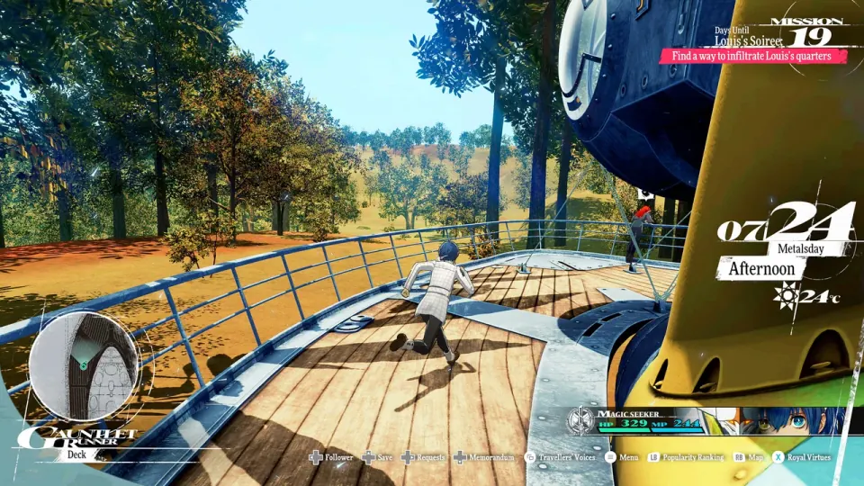 The protagonist runs along the outdoor deck of the gauntlet runner with the in-game calendar visible.