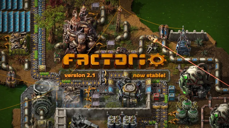 A factory scene with Factorio version 2.1 now stable lettering.