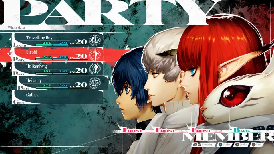 The party selection screen in Metaphor: ReFantazio, showing the protagonist and allies.