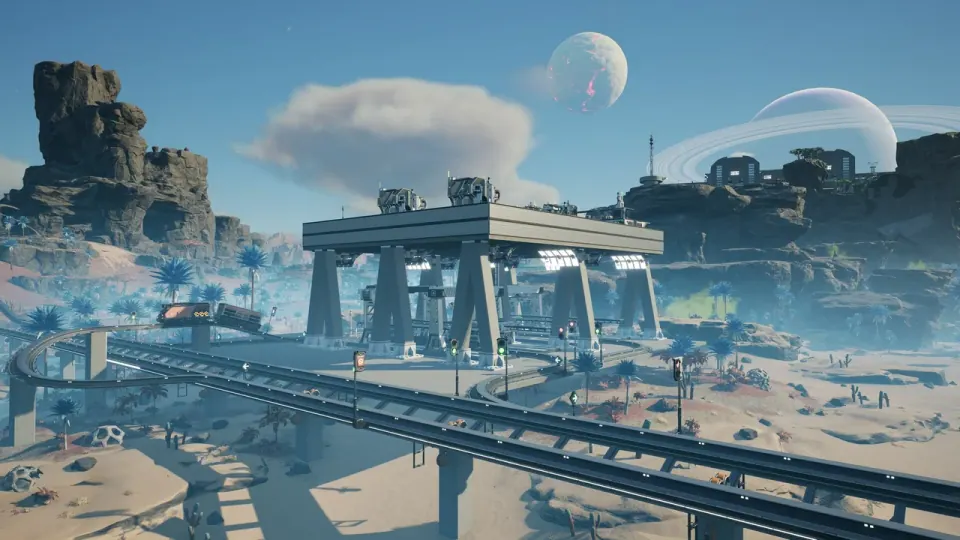 Elevated Satisfactory railway lines cross an industrial landscape beneath a large moon.