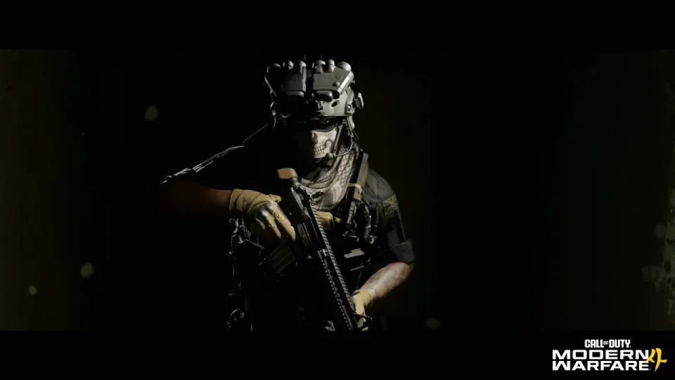 A Modern Warfare 4 operator wearing a helmet holds a firearm in a dark promotional scene.