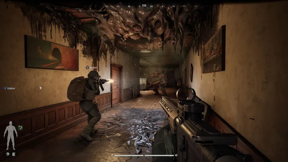 Arena Breakout: Infinite first-person combat inside a damaged building, with a teammate ahead.