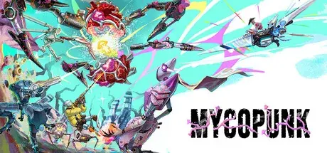 Robotic characters and weapons surround the Mycopunk title in turquoise publisher artwork.