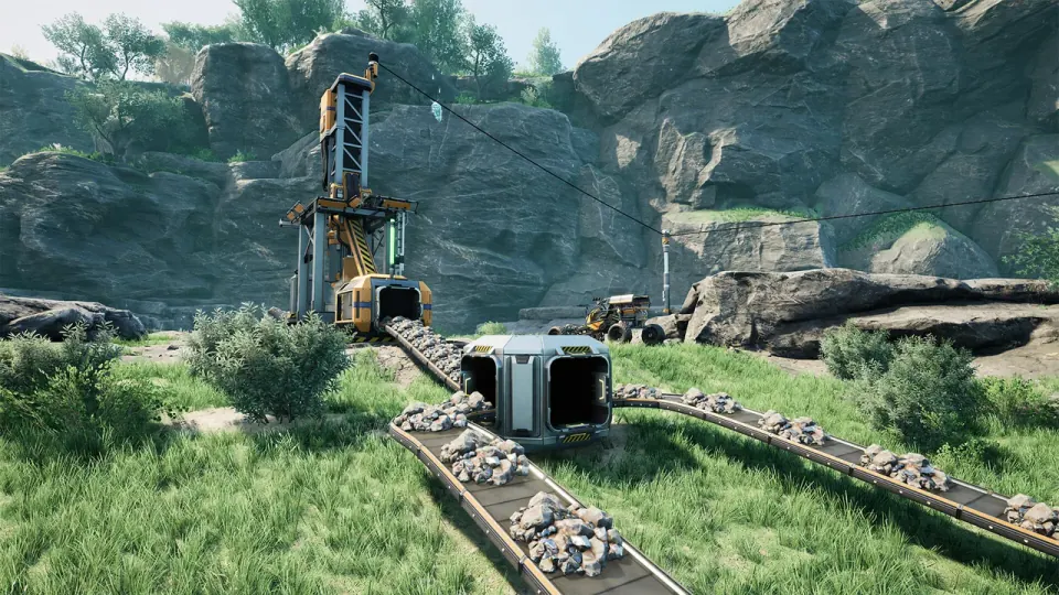 A Satisfactory miner feeds a conveyor at a rocky resource site.