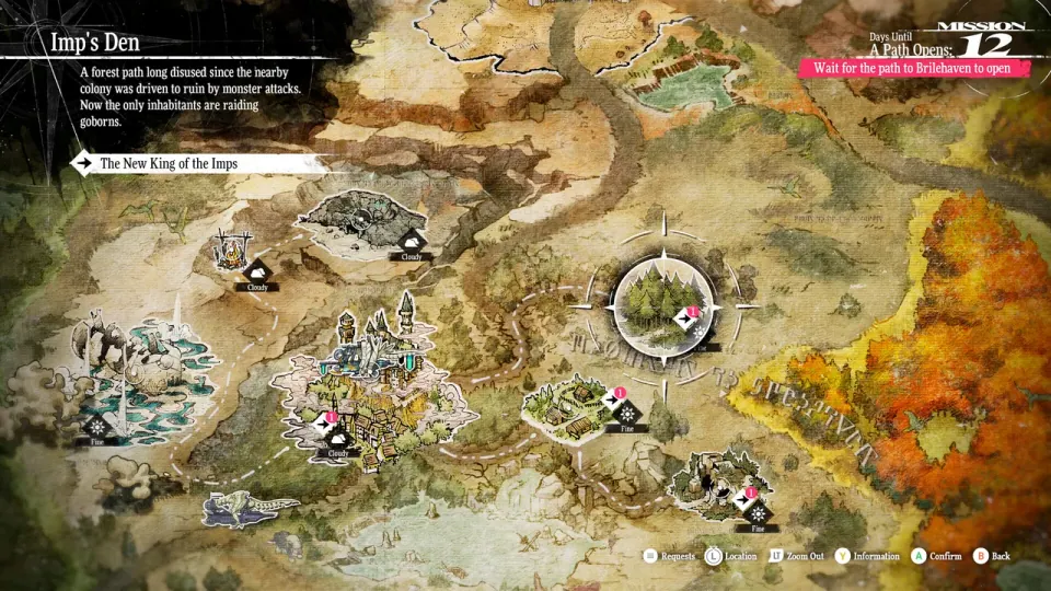 Metaphor: ReFantazio world map with an Imp’s Den destination highlighted.