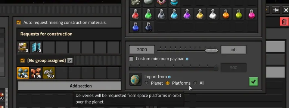 Factorio request settings show Planet, Platforms and All as import source options.