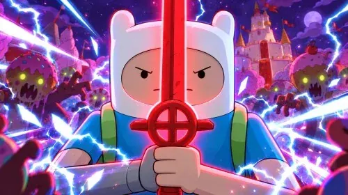 A hooded hero holds a glowing red sword amid colorful enemies and magical effects.