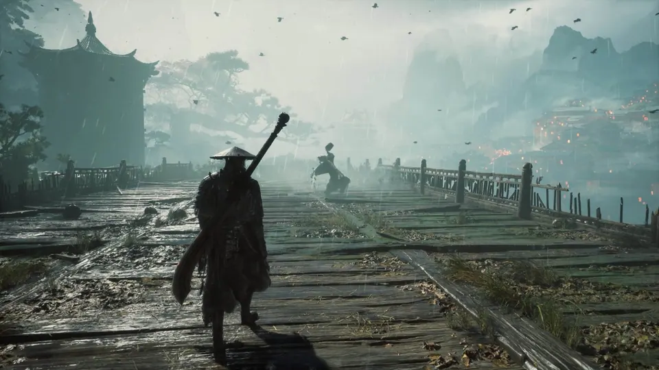 Soul faces an enemy on a rain-soaked wooden bridge in Phantom Blade Zero.
