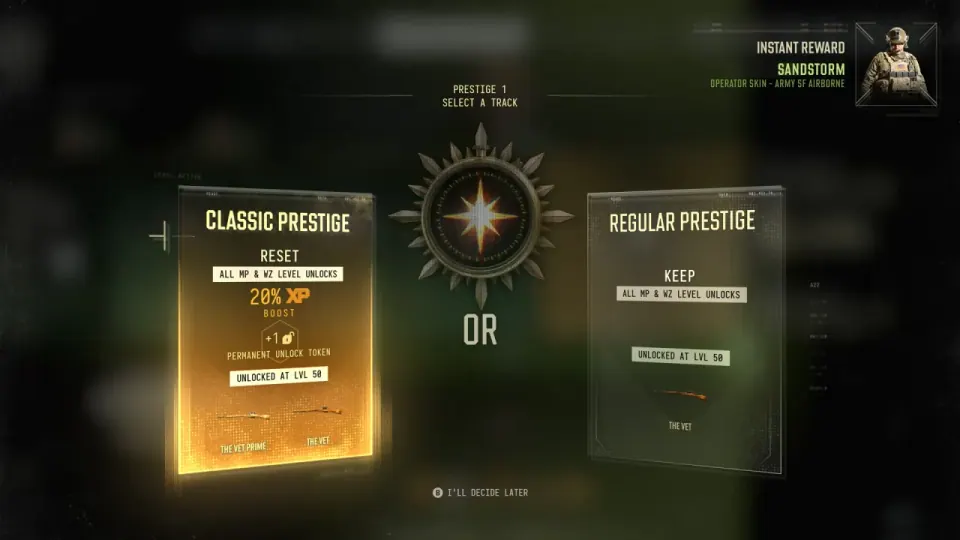 Modern Warfare 4 Prestige selection screen comparing Classic Prestige on the left and Regular Prestige on the right.