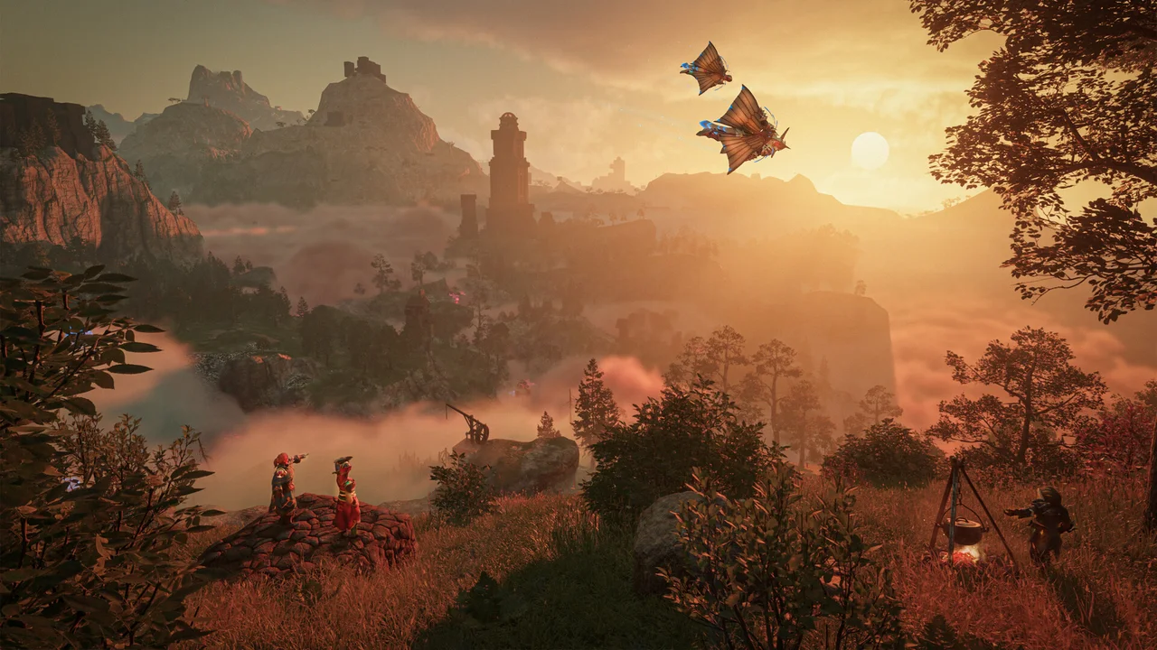 A glider crosses the mountain landscape of Embervale in official Enshrouded imagery.