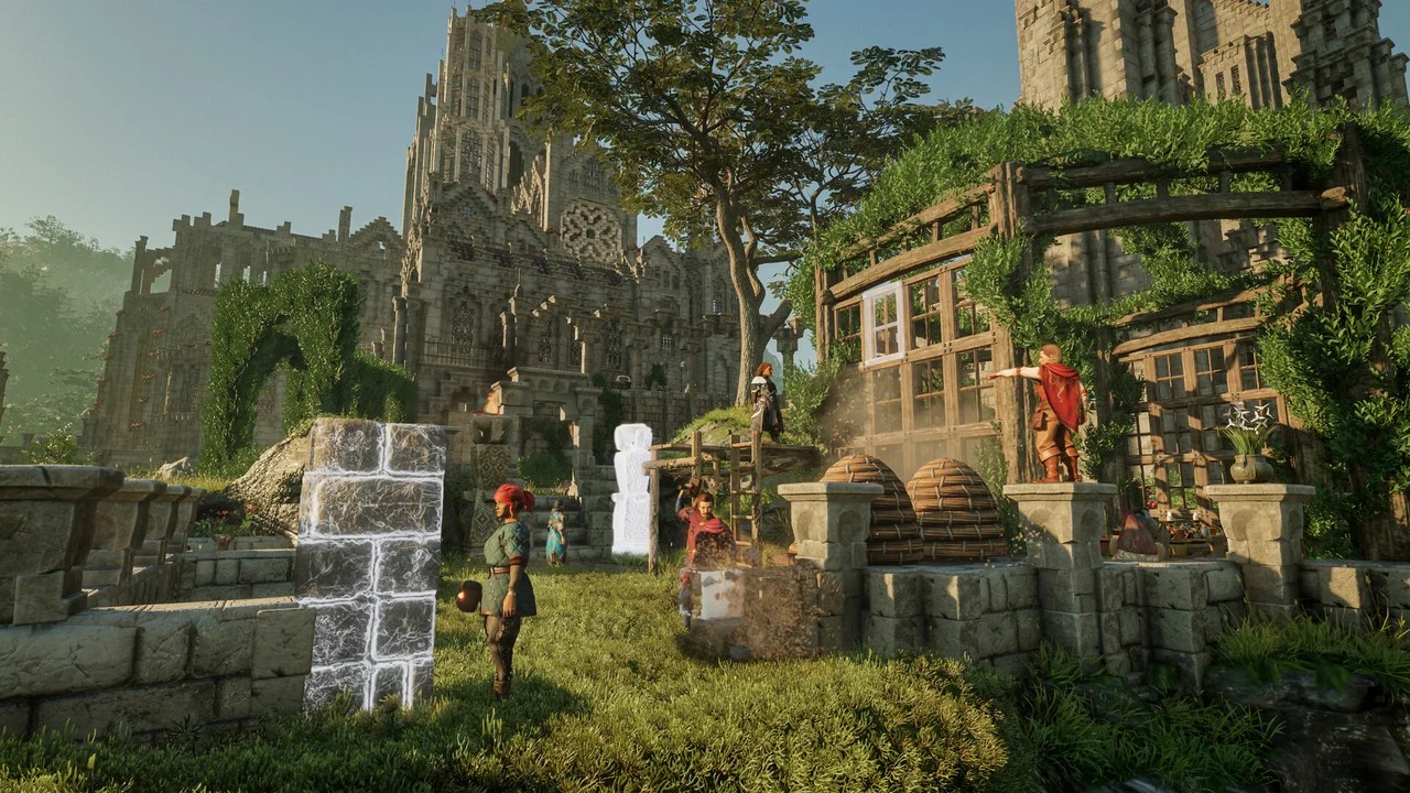 A detailed player base and water features in official Enshrouded imagery.