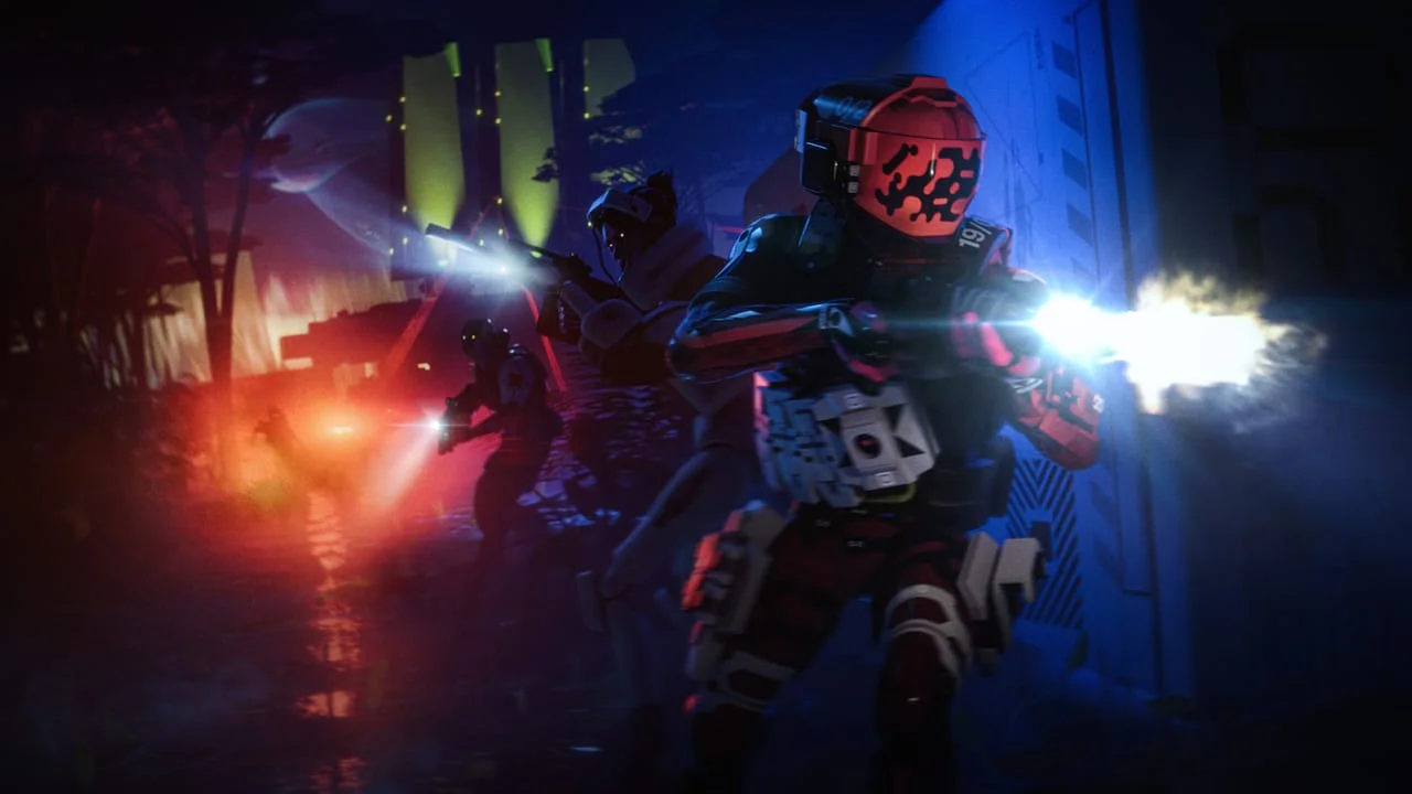Two Runners fight in a dark Marathon environment in official Bungie imagery.