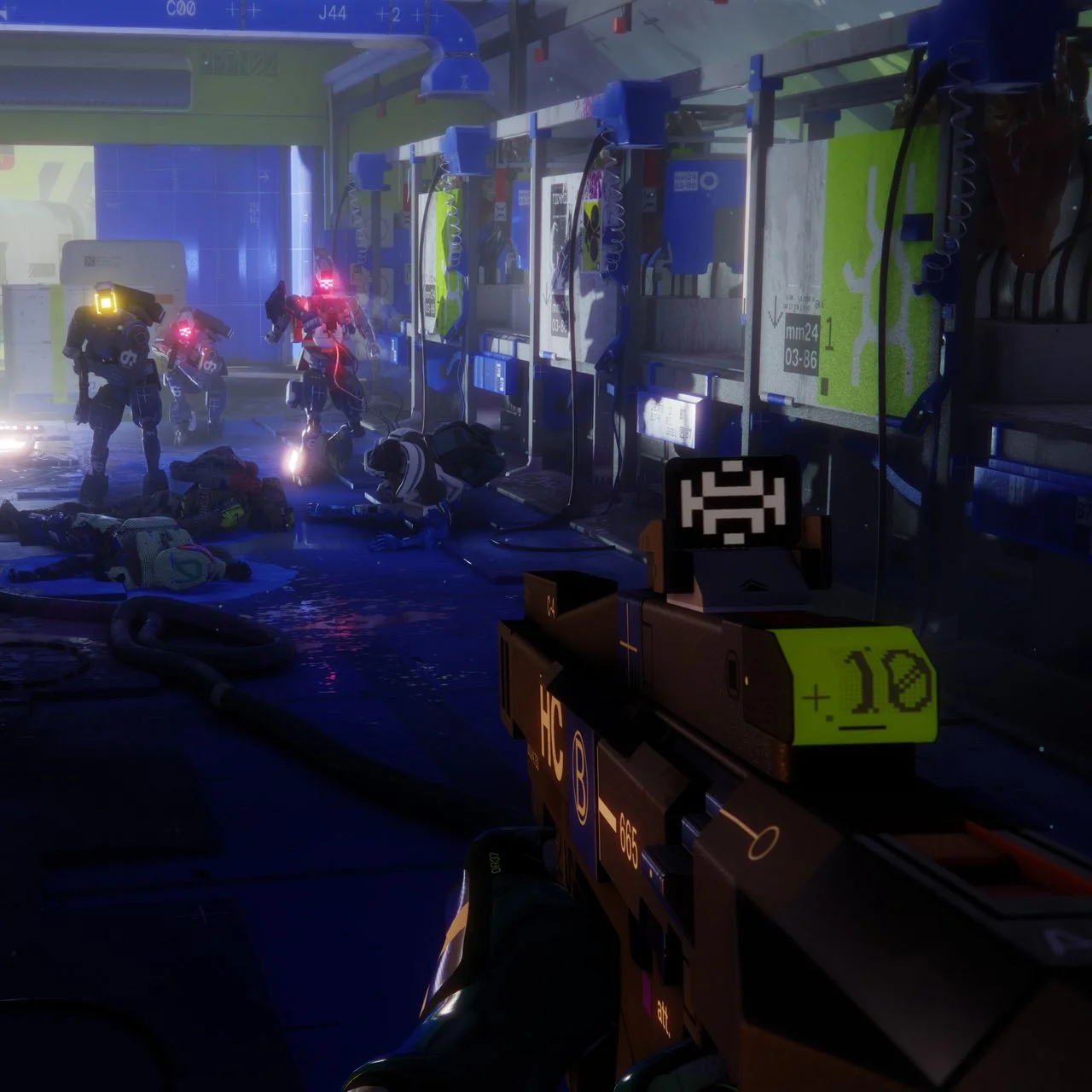 A first-person weapon view facing UESC enemies in official Marathon artwork.