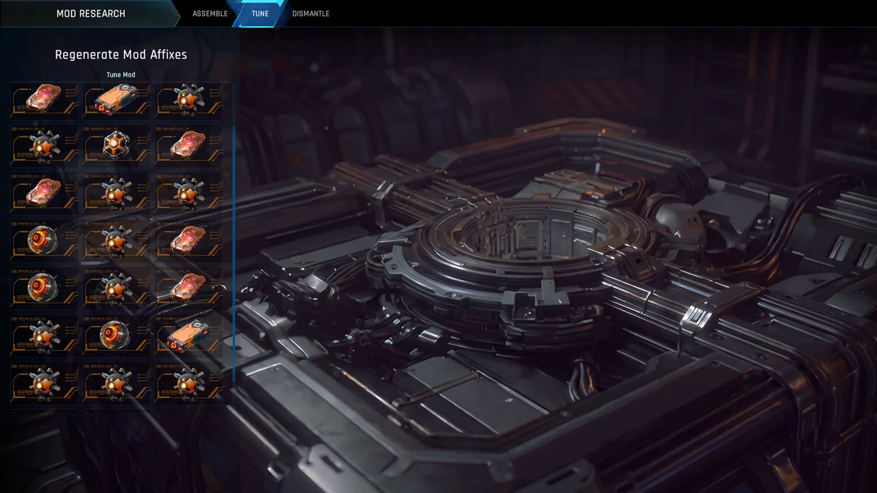 The official Mecha BREAK Mod Research screen with tuning options.