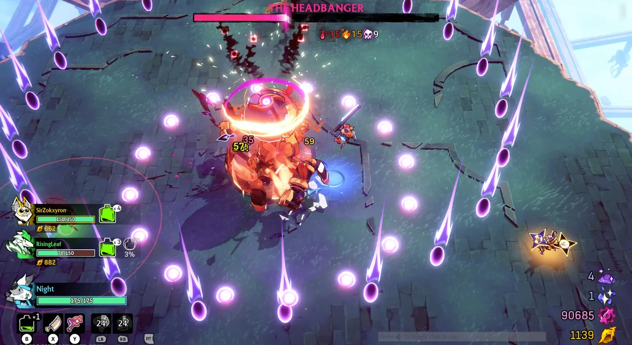 A Windblown fight with purple projectiles around a large enemy.