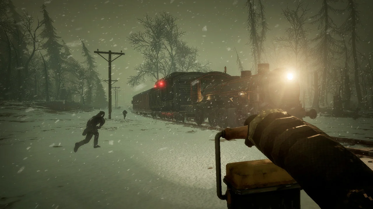 An armed player approaches a steam train in a snowy Frostrail landscape.