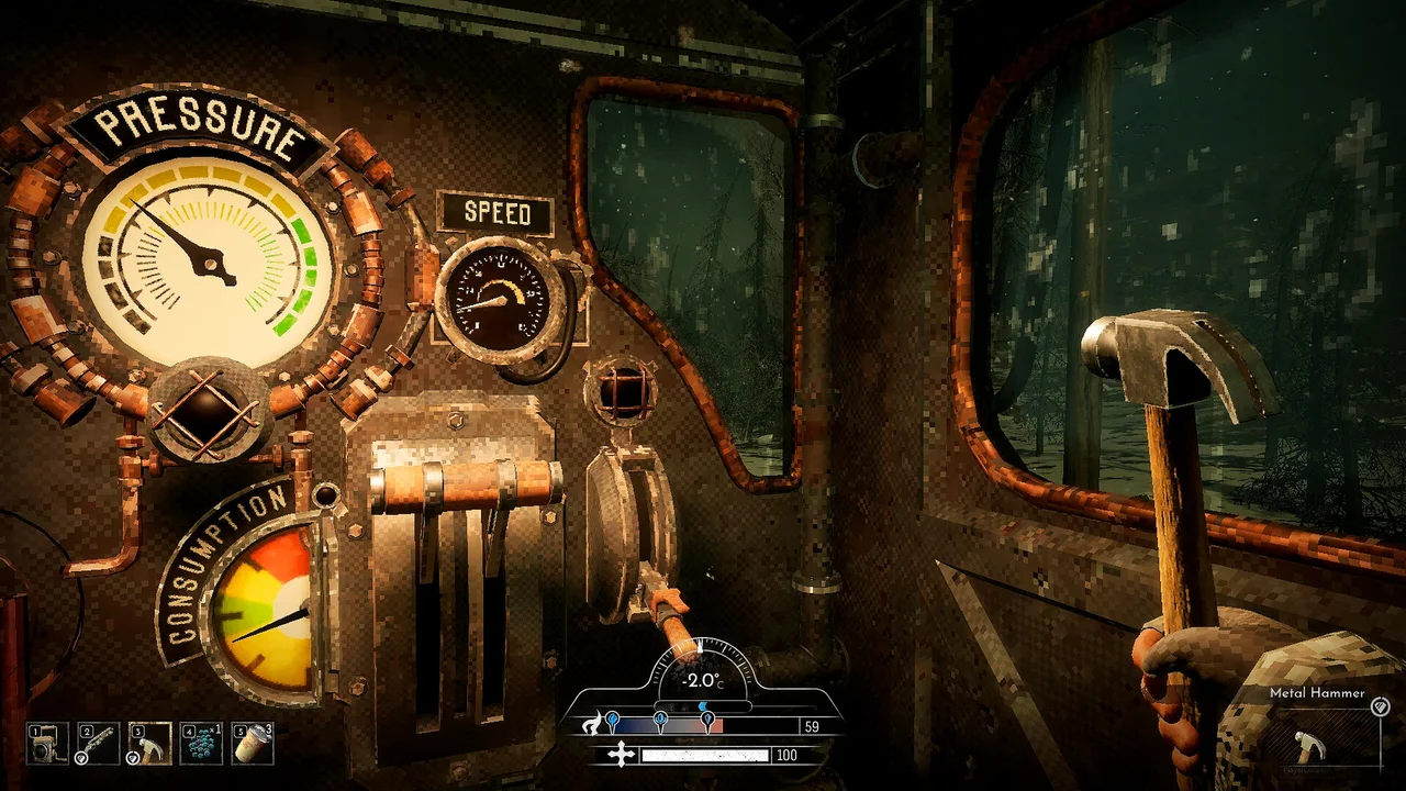 Pressure, speed and consumption gauges inside the Frostrail train cab.