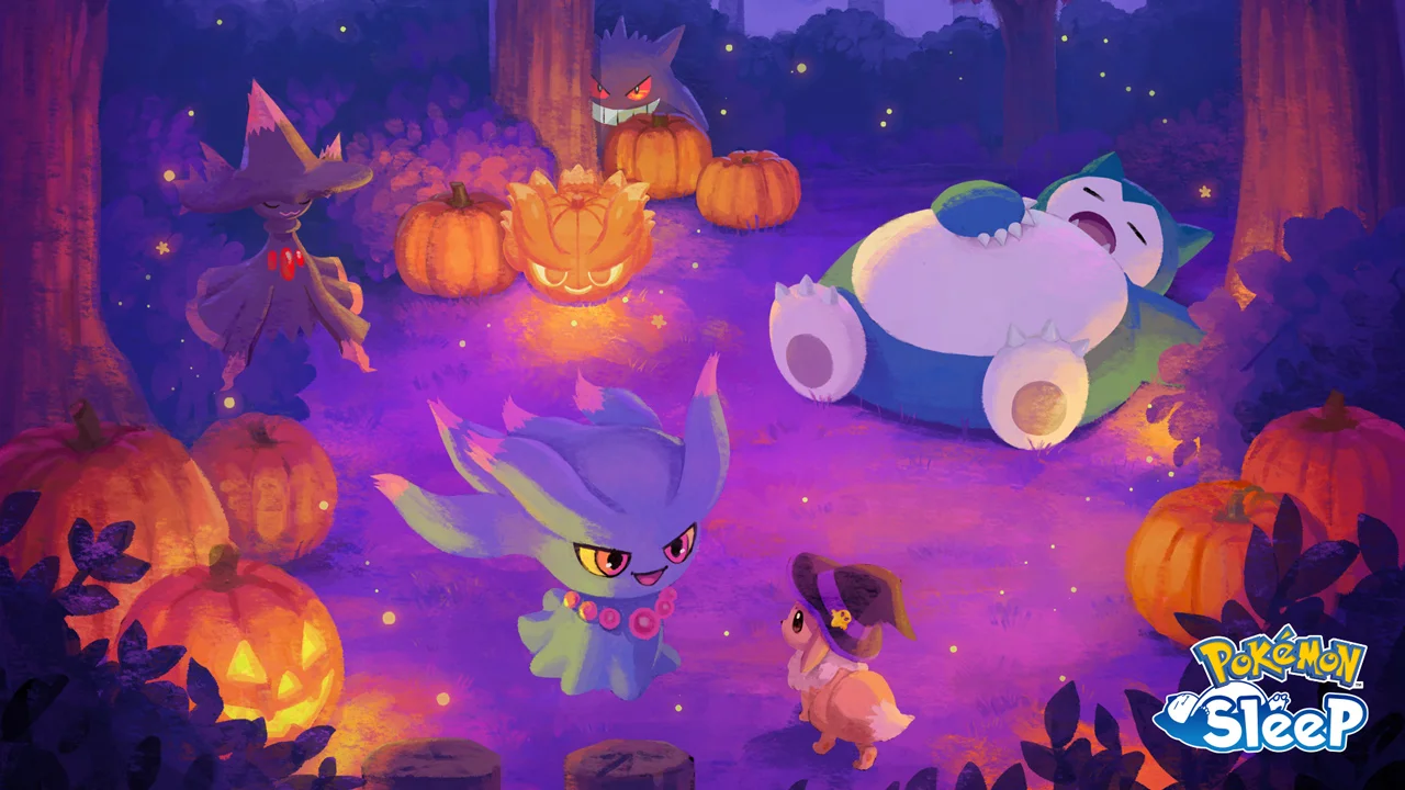 Misdreavus and other Pokémon beside a sleeping Snorlax in official Halloween 2026 artwork.