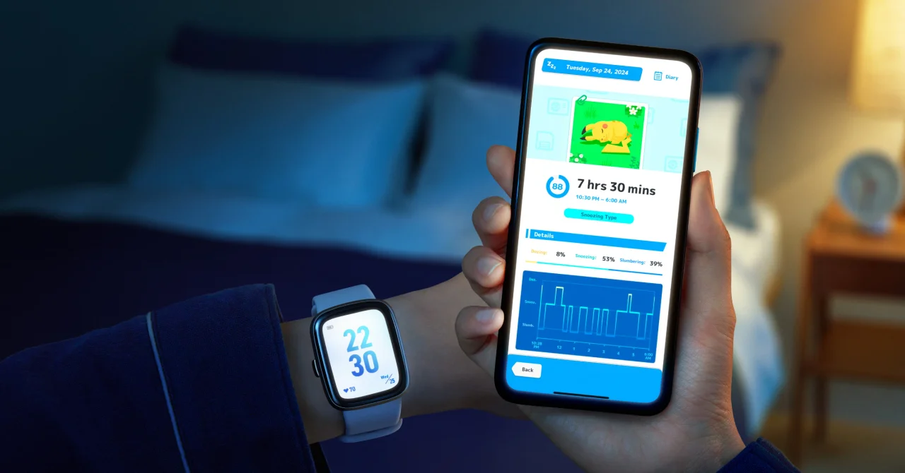 Official Pokémon Sleep image showing a phone sleep record alongside a smartwatch.
