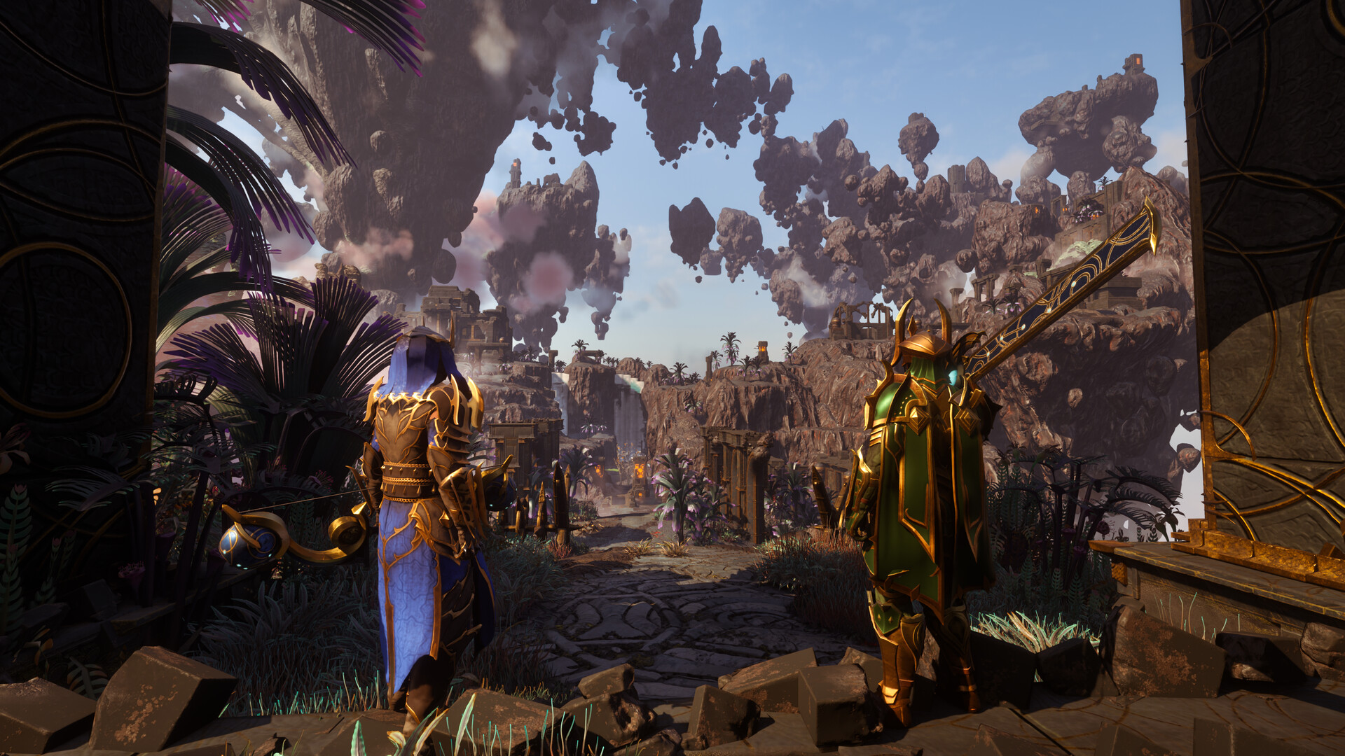 Two armored characters overlook ruins and floating rock formations in Enshrouded