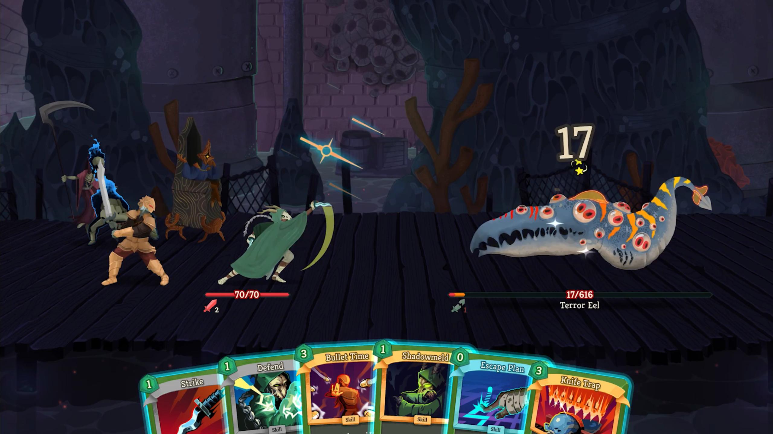 Four Slay the Spire 2 characters facing a Terror Eel, with the active player's card hand below