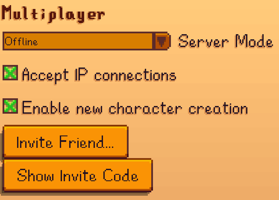 Older multiplayer options showing Invite Friend and Show Invite Code buttons, with Server Mode reading Offline