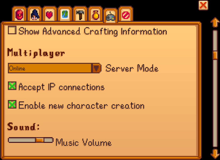 Older Stardew Valley Options screen with Multiplayer above Sound and Server Mode set to Online