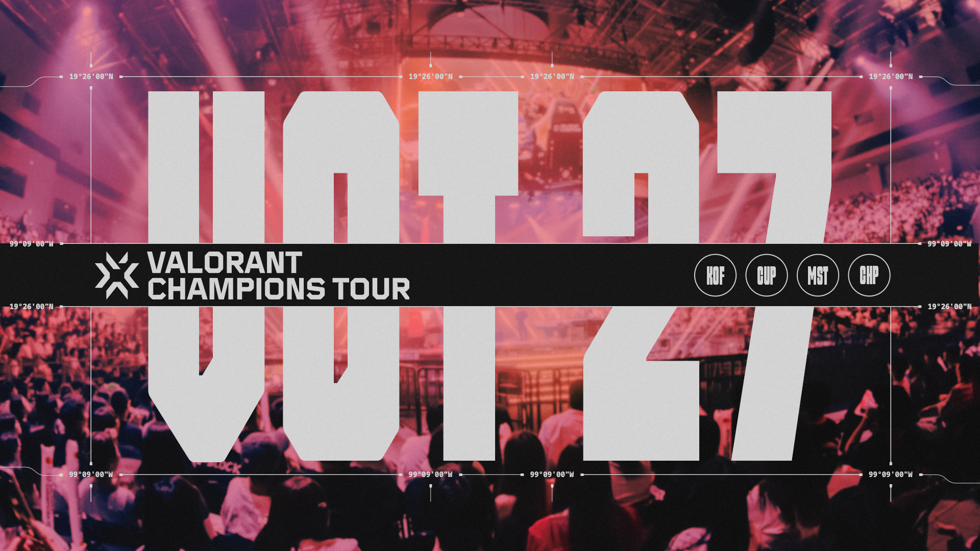 Riot’s VCT 2027 announcement artwork with the VALORANT Champions Tour identity over an arena crowd.