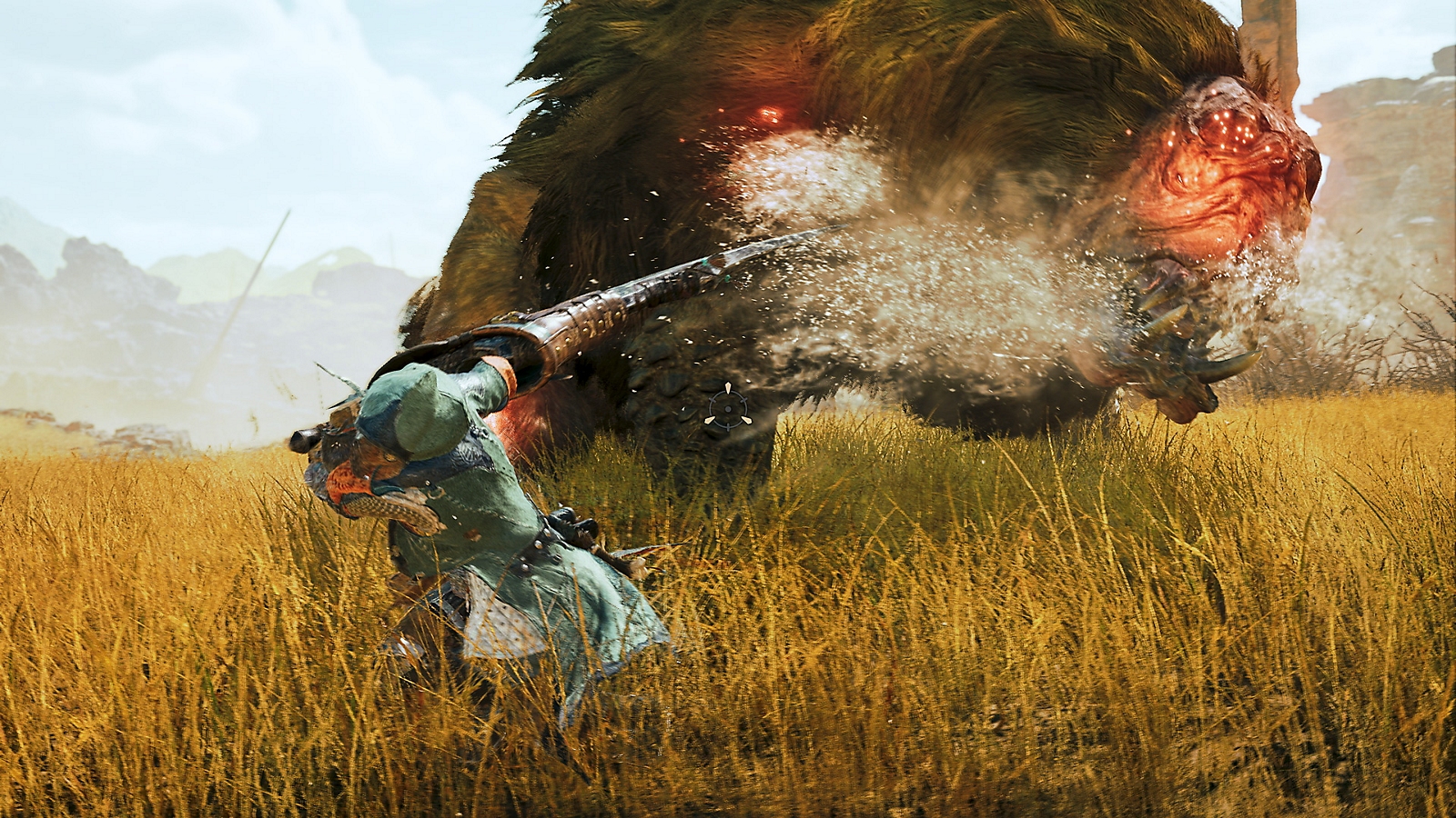 A hunter aims a long weapon toward a monster's red-highlighted head area